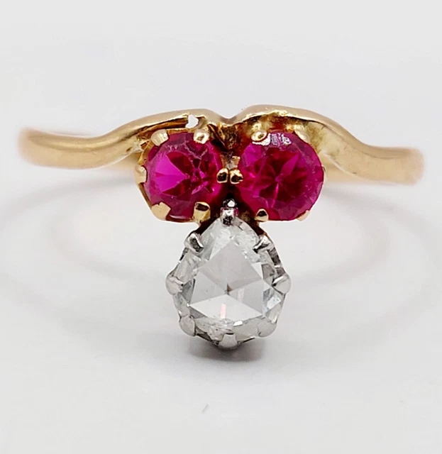 Bague Ancienne 'Toi Et Moi' Or Rose 18k Diamants Et Rubis - Taille 55 - Vintage