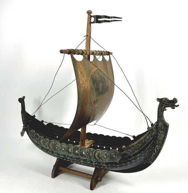Vintage Edward Aagaard  Viking Ship Copper Bronze 17" Long Unmarked with Stand