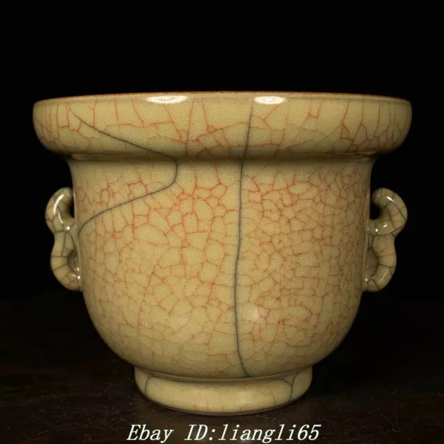 5" Old Chinese Dynasty Ge Kiln Porcelain Double Ears Incense Burner Censer