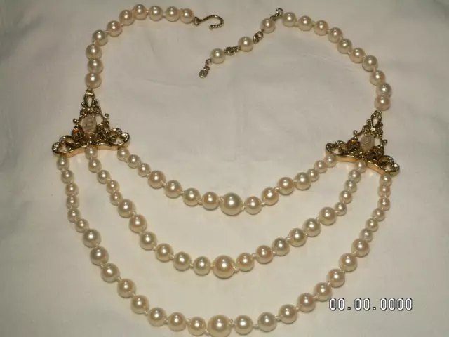 Vintage Monet Ton Doré , 3-Strand Faux Perles Collier Bib