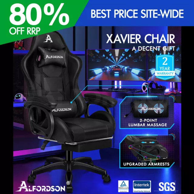 ALFORDSON Chaise Gaming avec Chaise Bureau de Massage Lombaire à 2 Points Noir