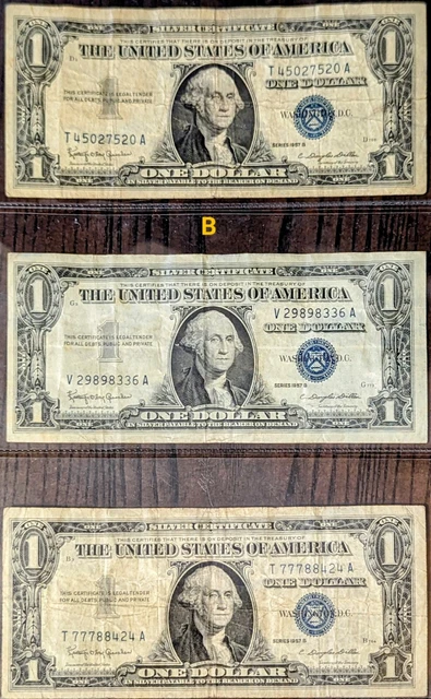 3 x 1957 b $1 One Dollar Bill Blue Seal USA Silver Certificate banknote