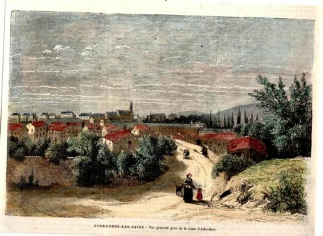 GRAVURE SUR BOIS AQUARELLEE 19è BOURBONNE LES BAINS VUE PRISE ROUTE AILLEVILLERS