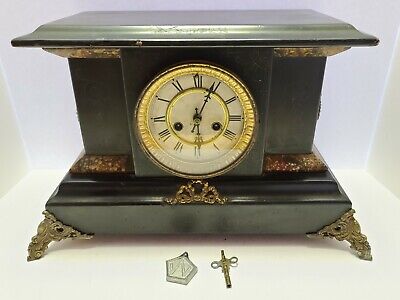 Antique 1800's WATERBURY "Dundee" Victorian Footed Ebony Wood Mantel Shelf Clock