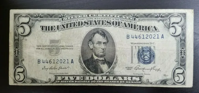 1953 Blue Seal $5 Five Dollar Silver Certificate Bill Note Currency