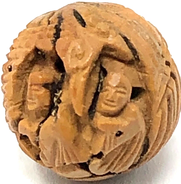 Antique Artisan Carved Hediao Bead 11mm x12mm Chinese Buddhist Prayer Pit Bead