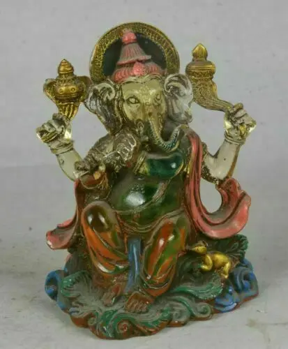 4.4" Old Tibet Colored Glaze Buddhism 4 Arms Ganesha Elephant God Buddha Statue