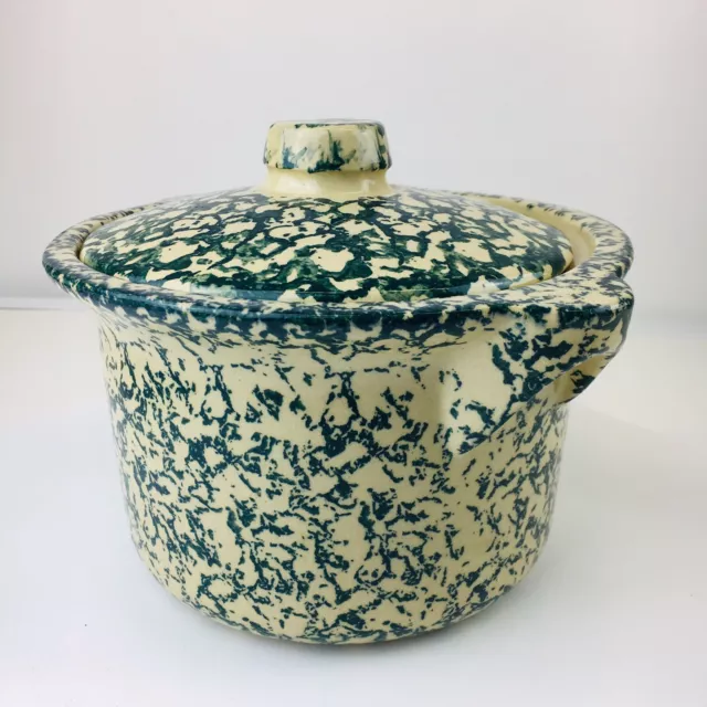 Vintage Roseville RRP Blue Green Sponge Ware 2 Qt Casserole Lid OH USA