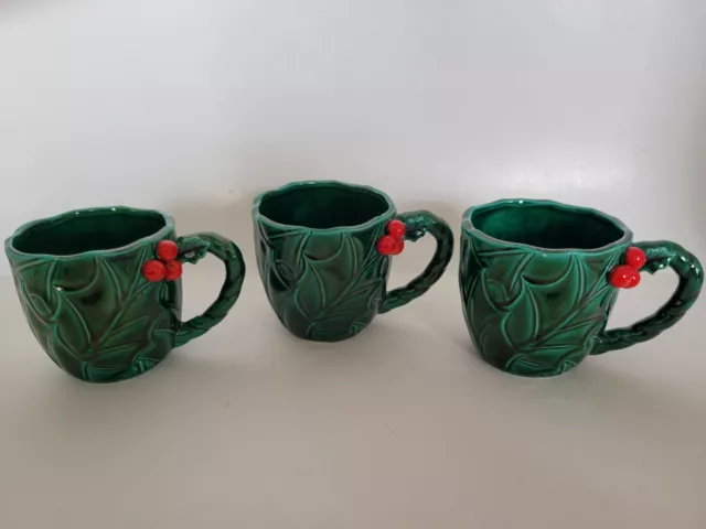Lefton Christmas Green Holly Berry Ceramic Mugs Set of 3 / Creamer & Sugar Set 2