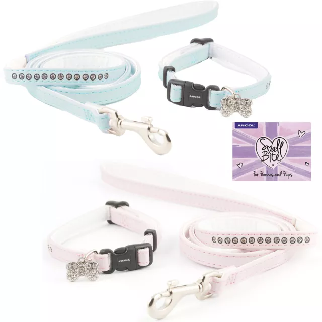 Ancol Puppy Collar & Lead Set Jewel Diamante Deluxe Dog Small Bite Pink Blue