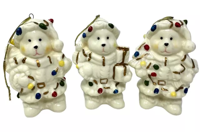 Vintage Porcelain Teddy Bear Ornaments White With Christmas Lights Set of 3