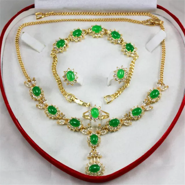 18K Gold Plated Crystal Jade Bracelet Pendant Necklace Earrings Ring Jewelry Set