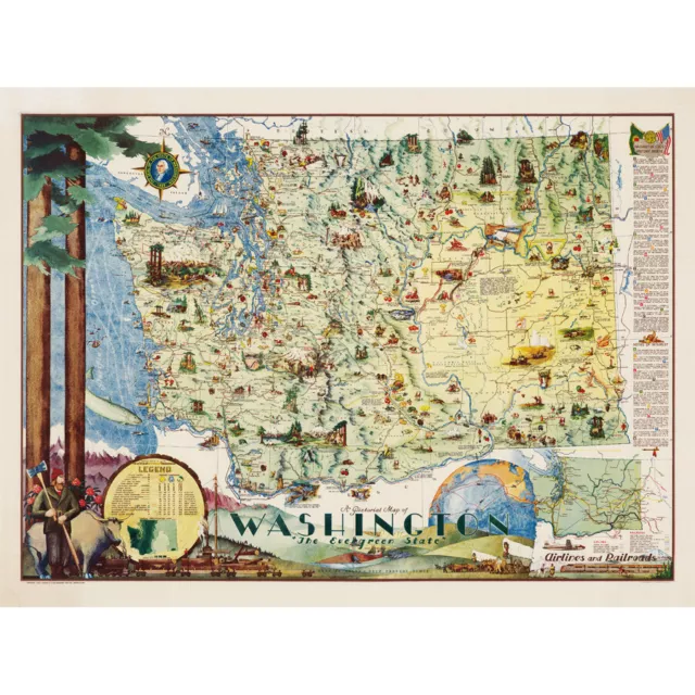 Map Herman 1948 Washington State Pictorial Canvas Wall Art Print Poster