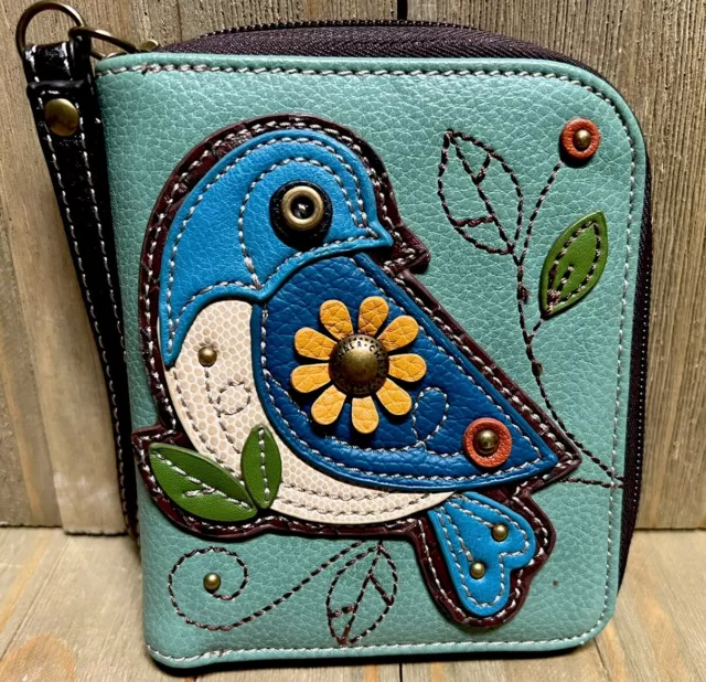 Chala BLUE BIRD Zip Around TURQUOISE Wallet Card Case Clutch Wristlet