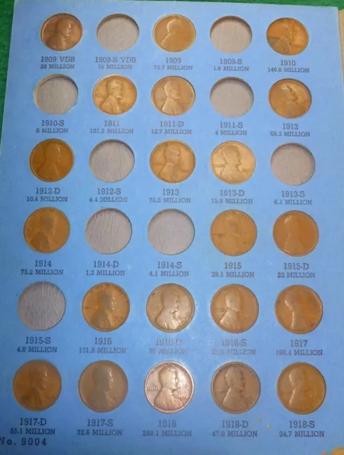 1909-1940 Lincoln Cent 21 Coin Set  Page 1 Whitman Number 1 With Vintage Folder