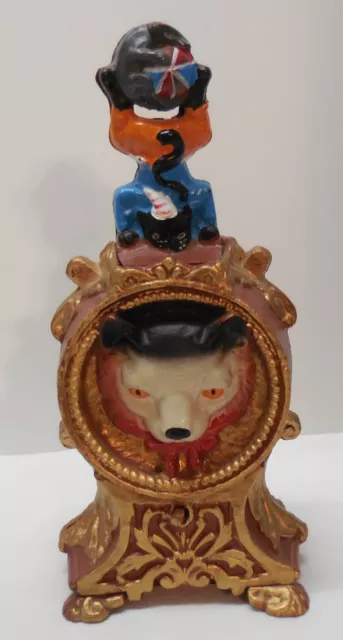 Bank Wolf Face Cat Juggling Dog and Ball Turns Over To Mouse Cast Iron Vintage