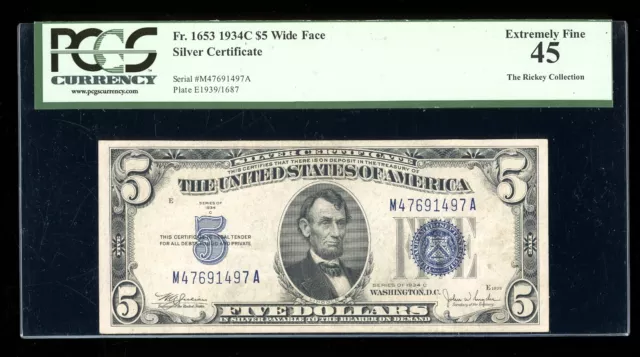 DBR $5 1934-C Silver Fr. 1653W MA Block Wide Face PCGS 45 Serial M47691497A