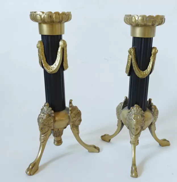 Pair Of 7in Black Metal Brass Footed Candlestick Holders French Ornate