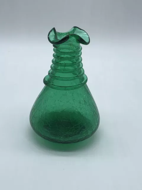 Vtg Green Crackle Glass Applied Swirl Ruffle Bud Vase Hand Blown