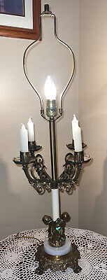 Vtg Ornate Victorian Bronze Marble 4 Arm WAX Candelabra/ Table Lamp W/Cherub 33”