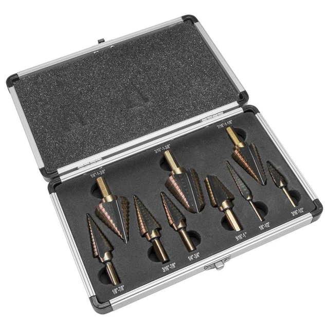 9-Pieces HSS SAE 93 Step drill bit Aluminum tri flat shank dual flute +Case