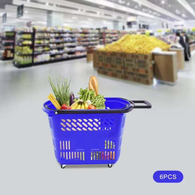 6Pcs Blue Shopping Basket Plastic Rolling Shopping Basket with Wheels and Handle 2