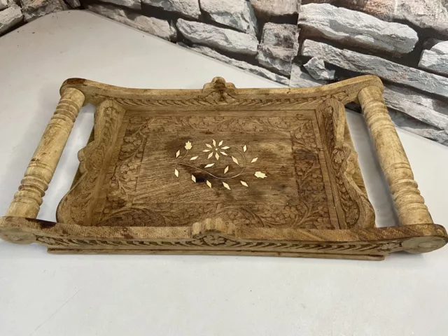 Vintage Ornate Carved Wood Floral Pattern Tray Wooden