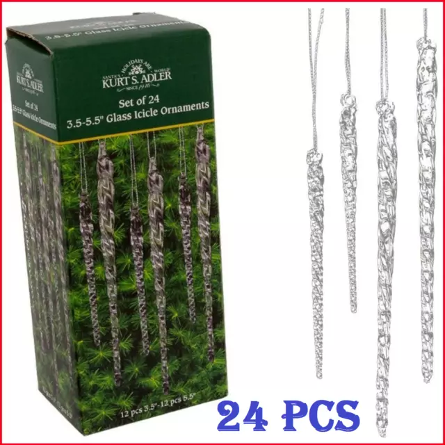 Clear Glass Icicle Ornaments Christmas Tree Decoration Xmas Home Decor Set of 24