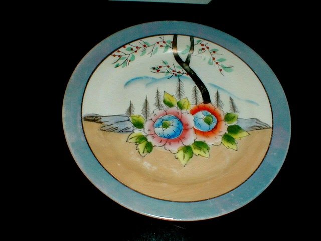 Japanese HOTTA YU SHOTEN Floral Tree Blue Rim Lusterware Salad Plate Japan sau87