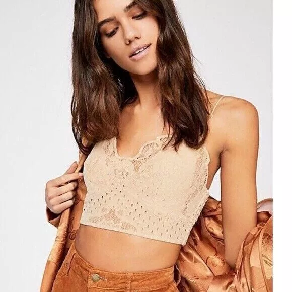 Free People FP One Madonna Bralette Cropped Top Lace Nude Smocked L NEW 268449
