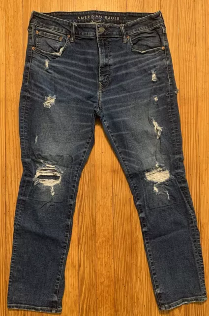 American Eagle Men’s AIRFLEX Slim Straight Jeans Size 38 x 30 Distressed Dark