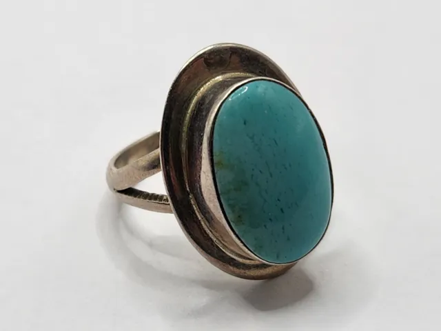 Sz 7 Sterling Silver Mexican TAXCO Ring Large Oval Turquoise