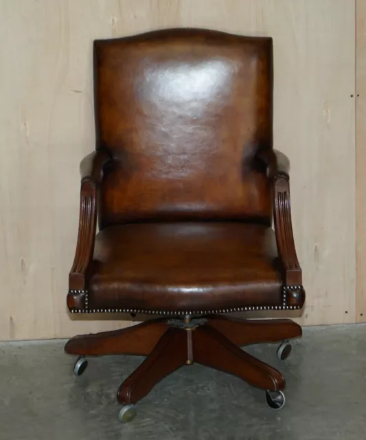 Luxury Vintage Restored Brown Leather Oak Framed Captains Directors Armchair 2