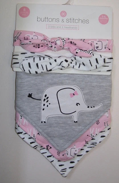 Girls Buttons & Stitches 5 Pc Elephant Safari Headbands and Bibs Set 0-6M