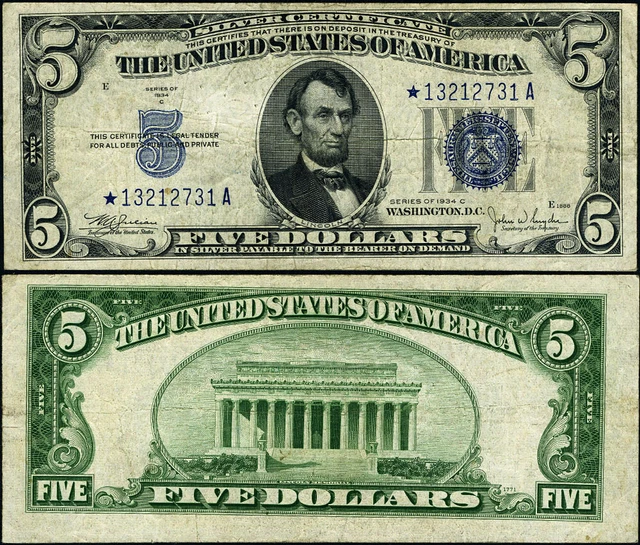 FR. 1653* $5 1934-C Silver Certificate Non-Mule *-A Block Wide Fine+ Star