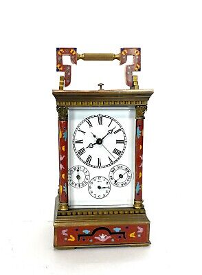 French Style Floral Red Enamel Brass 8 Day Repeater Calendar Carriage Clock