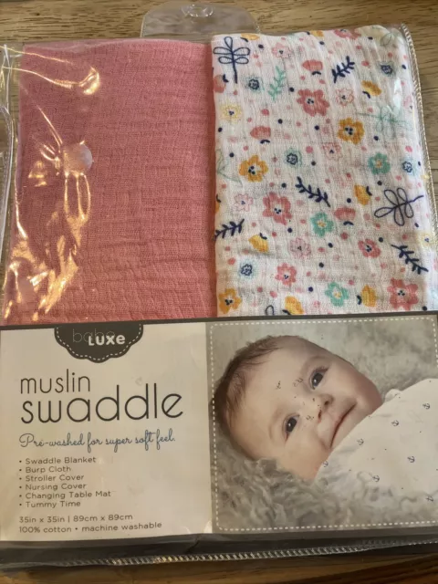 New Babe Luxe Baby Swaddling Muslin Set 2 Blankets Solid pink And pink floral