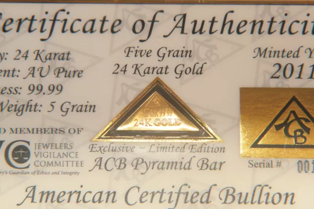 GOLD ACB PYRAMID 5GRAIN 24K SOLID BULLION ~ BAR 9999 FINE With COA