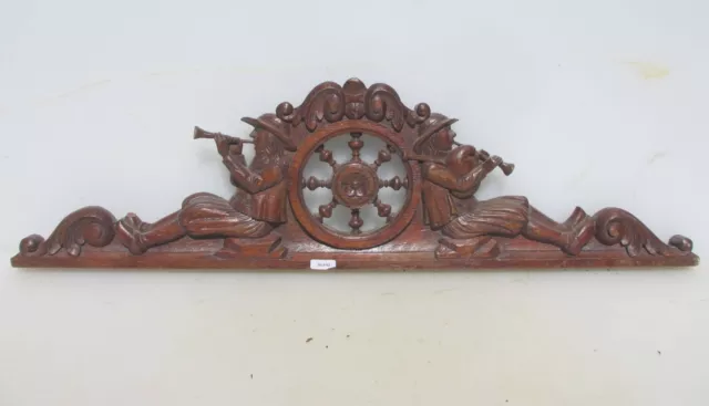 Victorian Carved Wooden Top Antique Old Pediment Wood Mount Man Music 28"W
