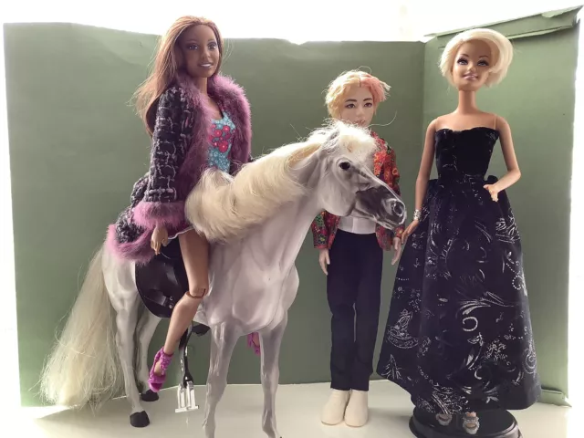 Pony Parade Horse With Barbie Doll, Ethnic Barbie Doll & Korean Boyband Doll