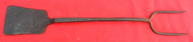 Antique 19th Hand Forged Wrought Iron Spatula & Roasting Fork Combo Double End