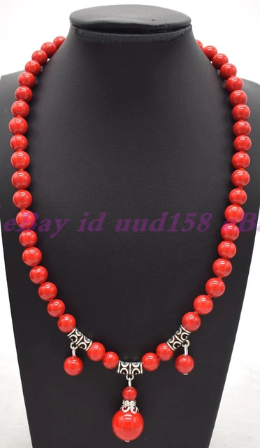 Natural 8mm South Sea Red Coral Round Gemstone Beads Pendant Necklace 18'' AAA