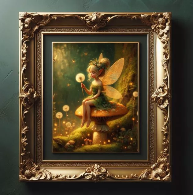 Fairy holding Dandelion Mushroom Tinkerbell Whimsical Fantasy painting print Art