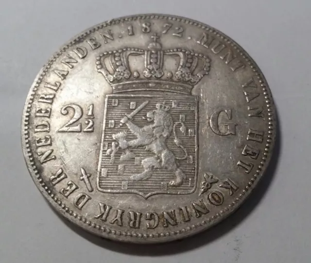 1872 PAYS-BAS 2 1/2 GULDEN VF ARGENT TRÈS FIN 2,5 florin 2