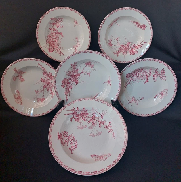 4 Assiettes Sarreguemines Digoin Faience Ancienne 530323 Fleurs Rouge Et Gris 215710