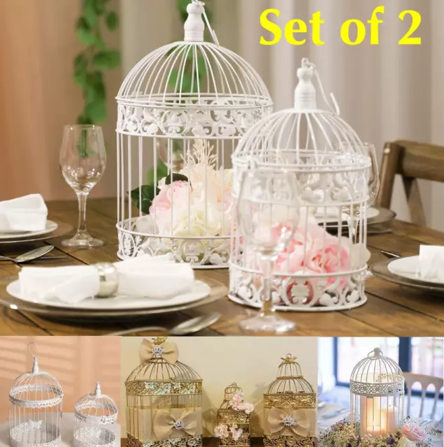 2 Pcs White Gold Round Square Bird Cage Wedding Event Centerpiece Wishing Well