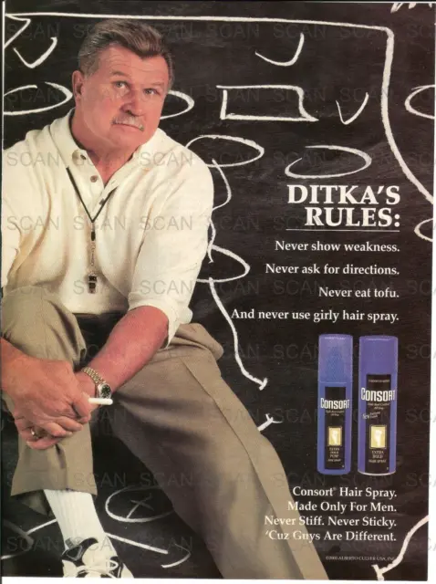 2000 Consort Men's Hair Spray Mike Ditka  Vintage Magazine Ad  Ditka's Rules