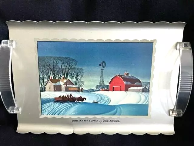 Vtg Serving Tray Mid Century by Dale Nichols "Company for Supper" Winter Scene Vtg Serving Tray Mid Century by Dale Nichols "Company for Supper" Winter Scene