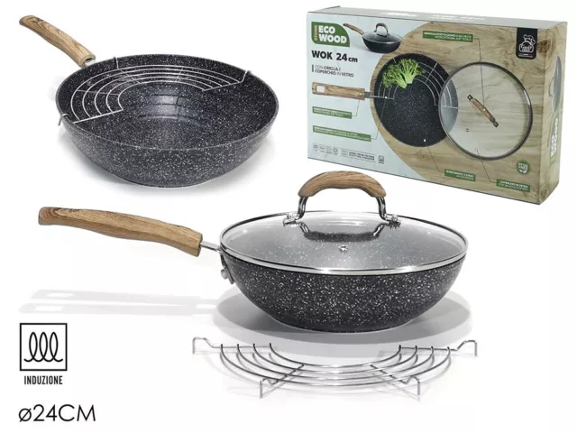 Wok Padella antiaderente in alluminio a induzione con coperchio e griglia 24 cm