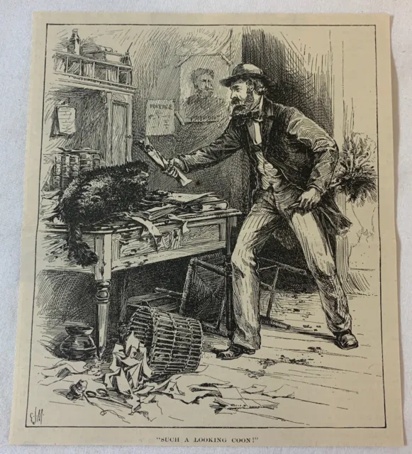 1888 magazine engraving~  RACCOON MESSING UP A MAN'S DESK